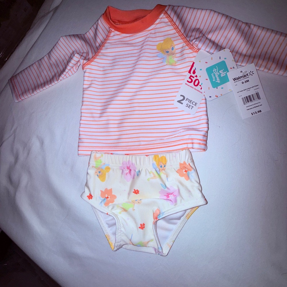 Disney Tinker Bell Rash Guard‎ Set Kids 0-3M Orange NEW Long Sleeve UPF 50+